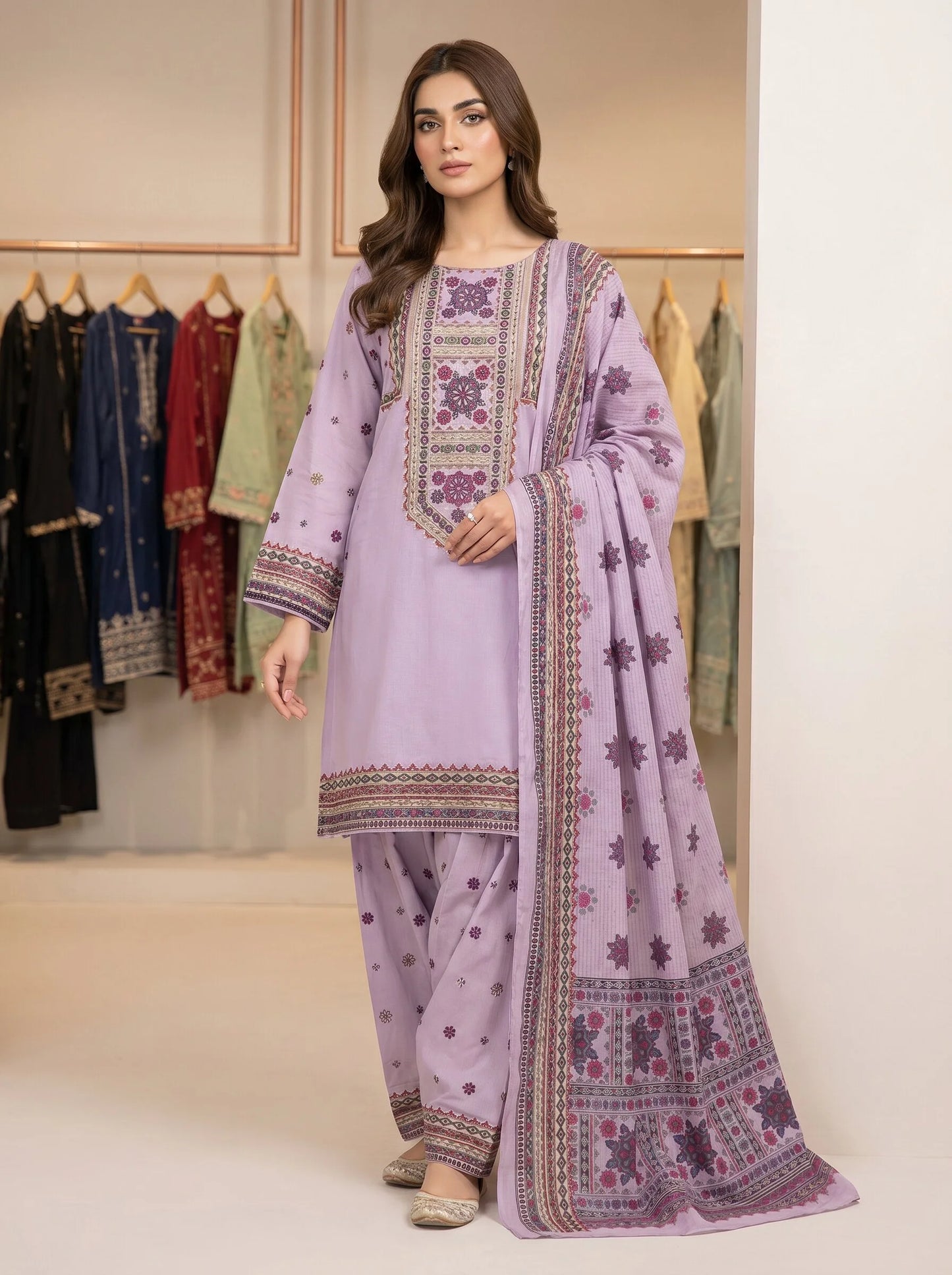 Lilac Bloom – Premium 3-Piece Stitched Cotton Lawn Suit (Printed & Embroidered)
