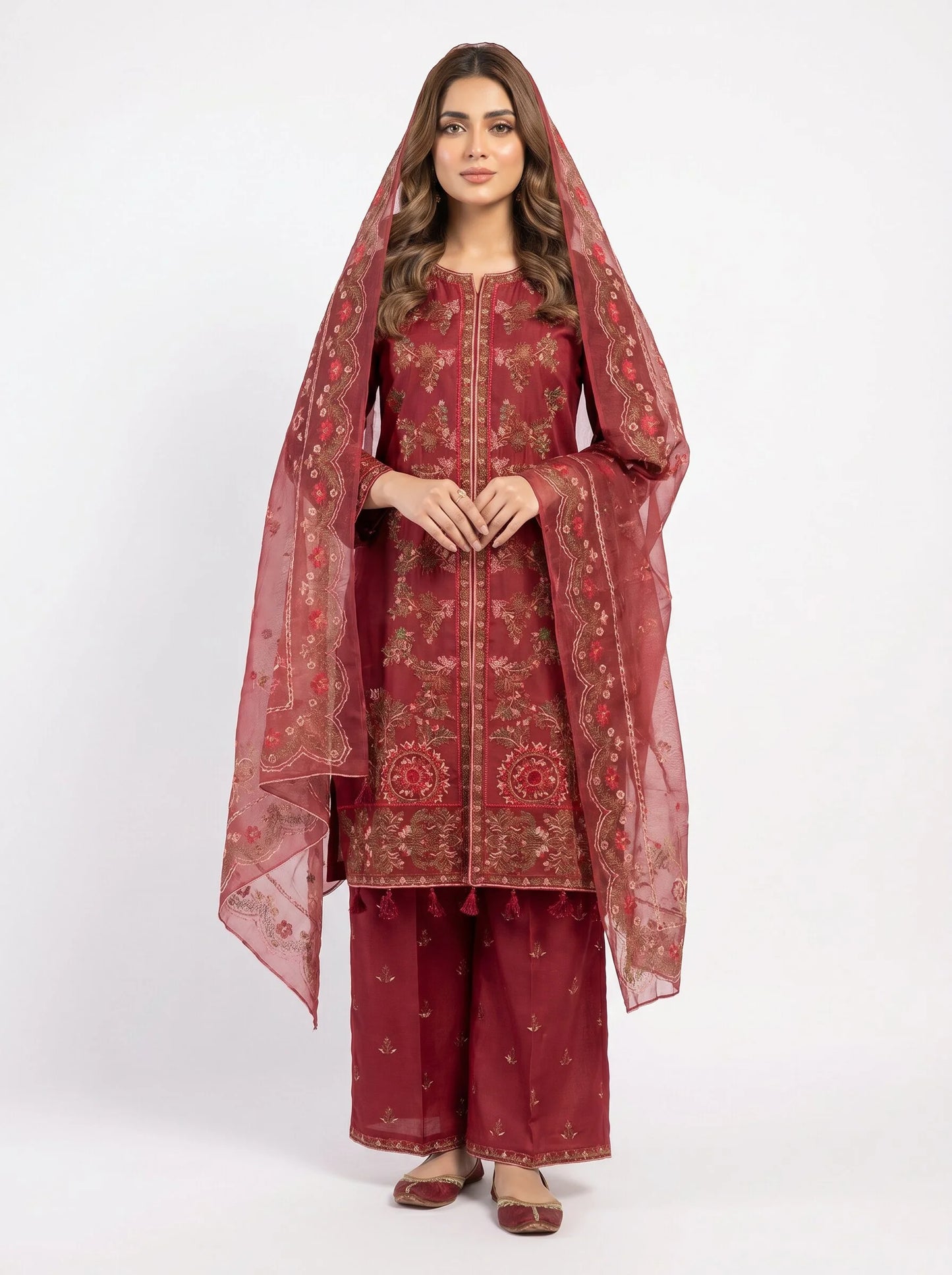 Elegant Maroon Embroidered 3-Piece Stitched Cotton Lawn Suit
