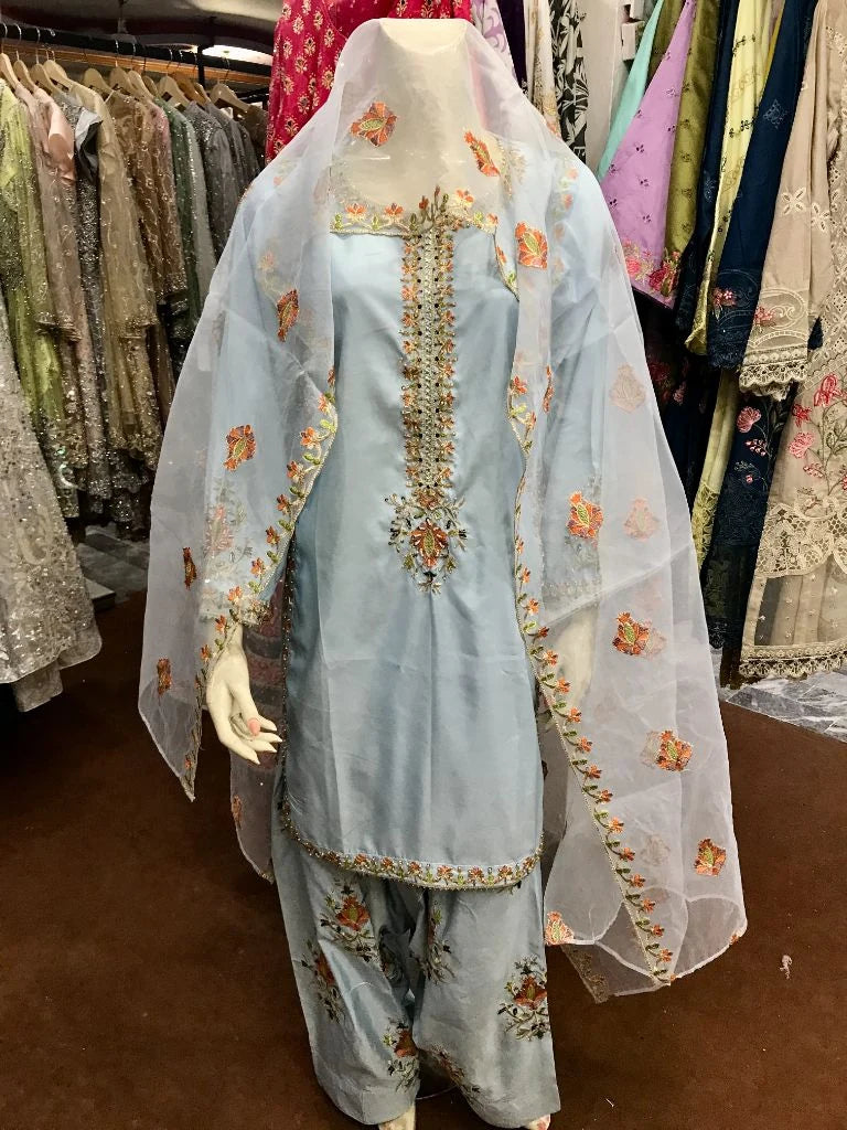 Stitched 3-Piece Embroidered Katan Silk Suit