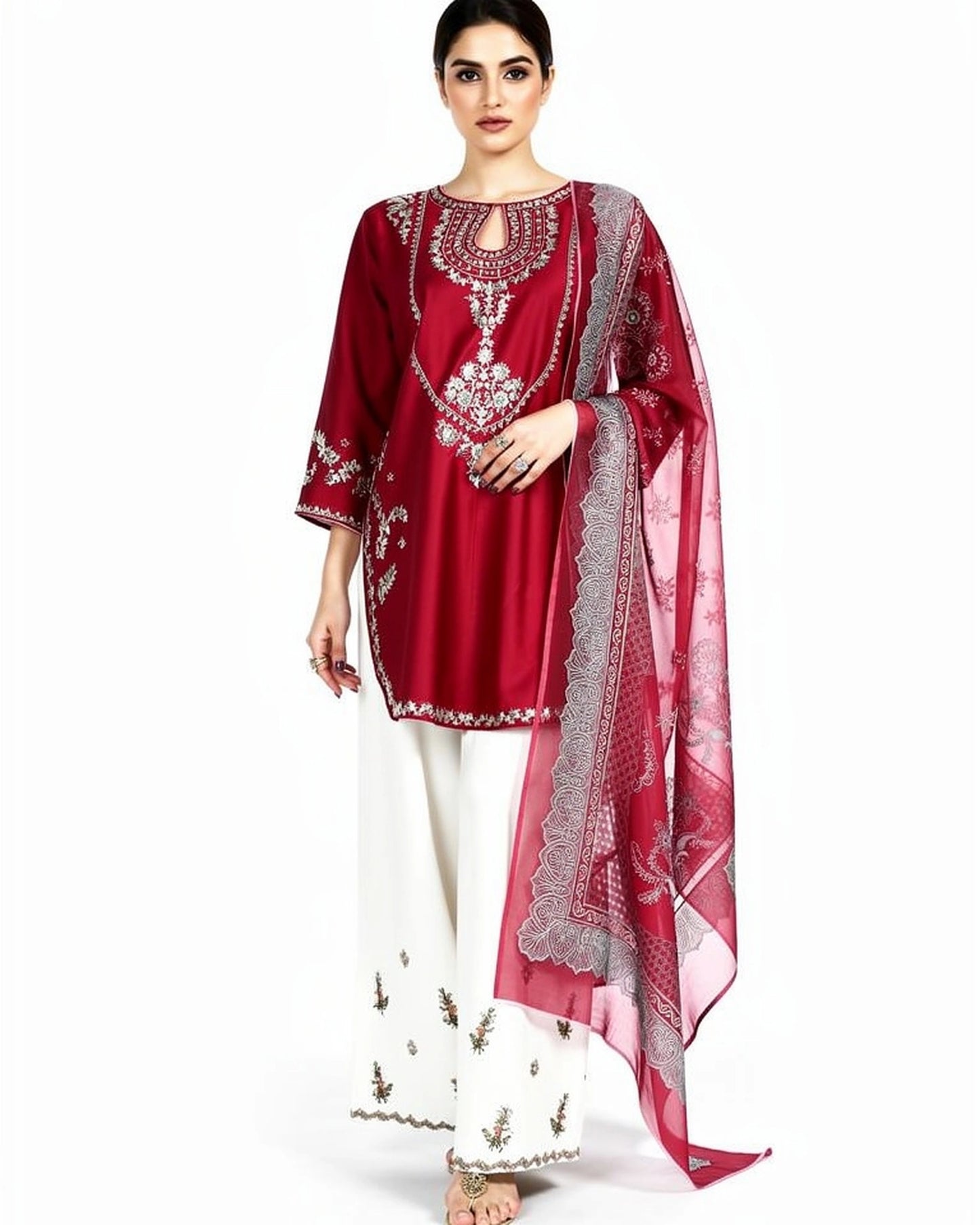 Embroidered Cotton Lawn 3 Piece Stitched Suit with Farshi Shalwar