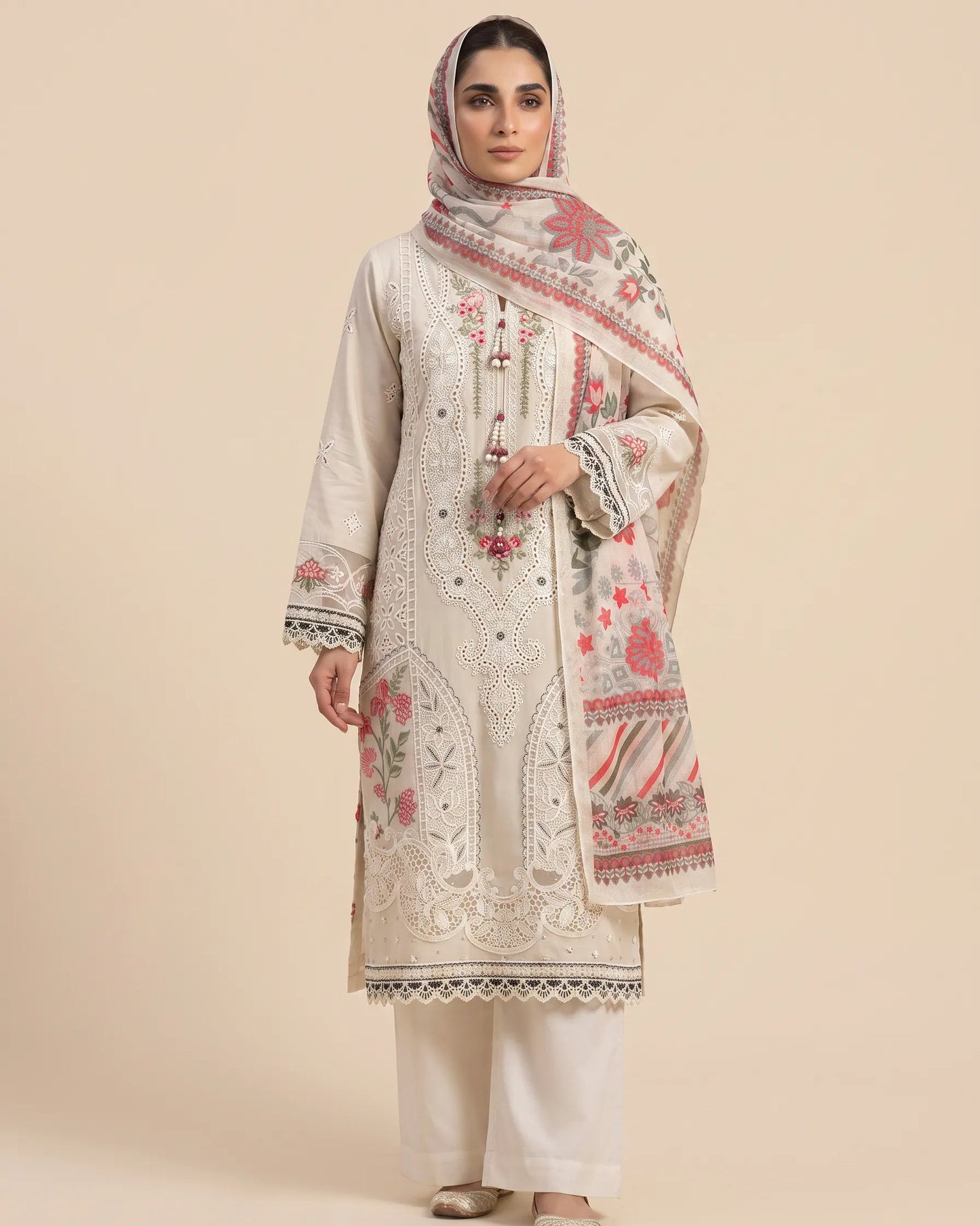 Premium Embroidered Cotton Lawn 3 Piece Stitched Suit – Elegant Beige & Floral Ayesha Fashion Boutique