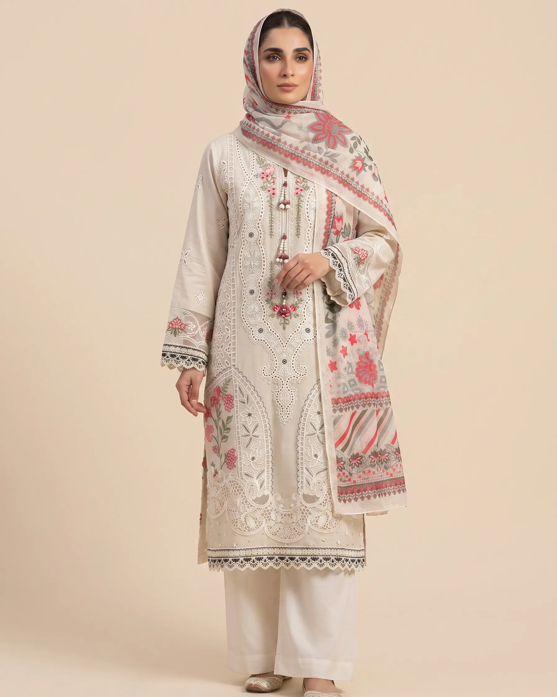 Premium Embroidered Cotton Lawn 3 Piece Stitched Suit – Elegant Beige & Floral Ayesha Fashion Boutique