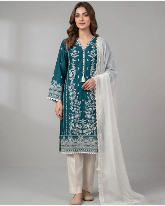 Elegant Teal Blue Embroidered Cotton Lawn 3-Piece Stitched Suit Ayesha Fashion Boutique