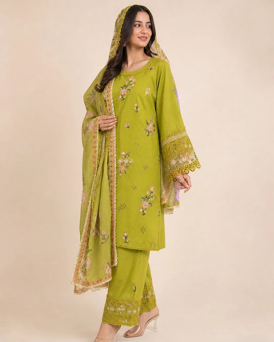 3-Piece Stitched Embroidered Cotton Lawn Suit | Shirt, Trouser & Dupatta Ayesha Fashion Boutique
