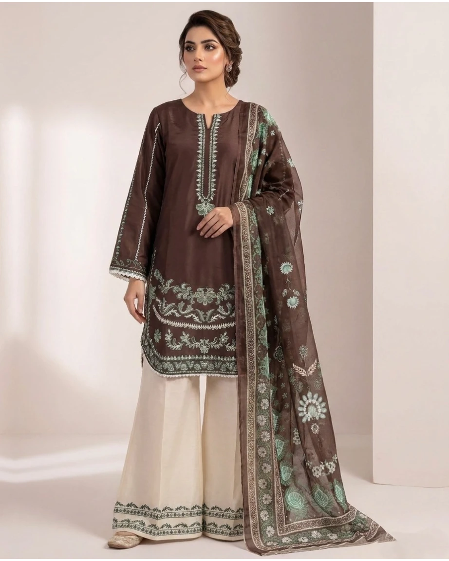 Embroidered Lawn Cotton 3 Piece Stitched Suit with Chiffon Dupatta Ayesha Fashion Boutique