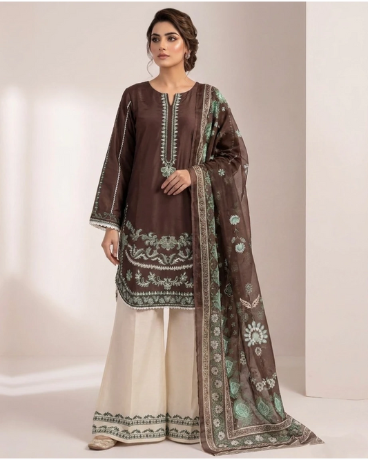 Embroidered Lawn Cotton 3 Piece Stitched Suit with Chiffon Dupatta Ayesha Fashion Boutique
