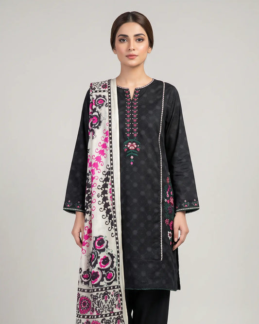 Elegant Black Embroidered 3-Piece Stitched Linen Suit with Printed Dupatta
