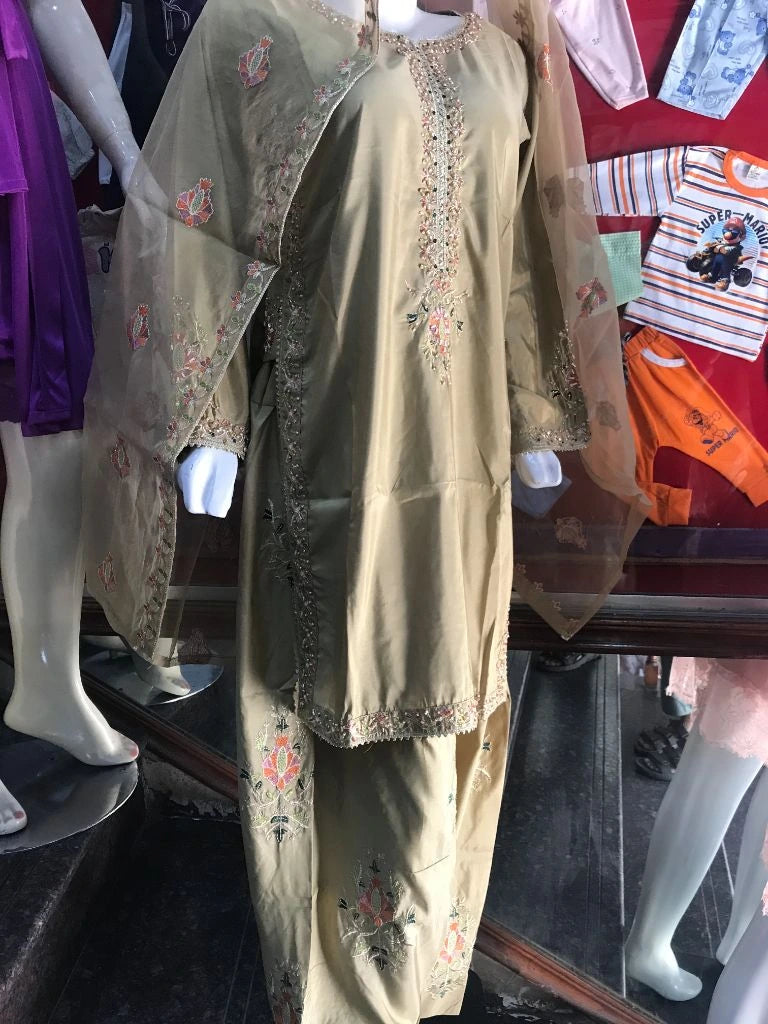 Stitched 3-Piece Embroidered Katan Silk Suit