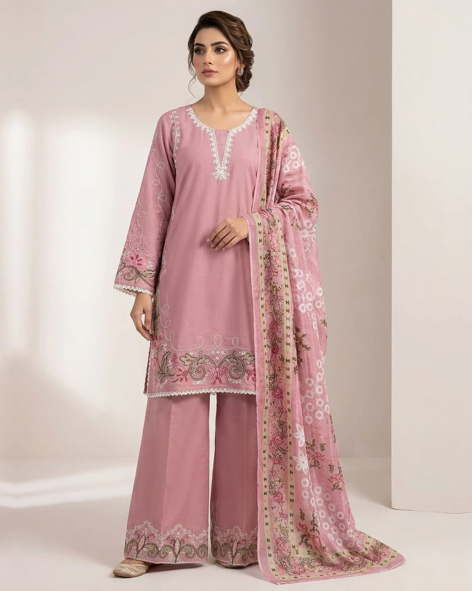 3 piece stitched cotton lawn suit in dusty pink with white embroidered neck and printed dupatta