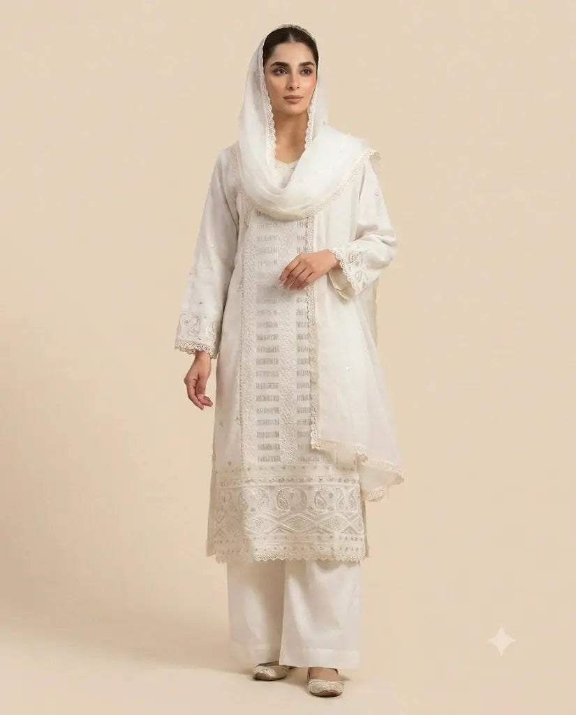 Pure Off-White Khaadi Net 3-Piece Stitched Festive Collection Ayesha Fashion Boutique