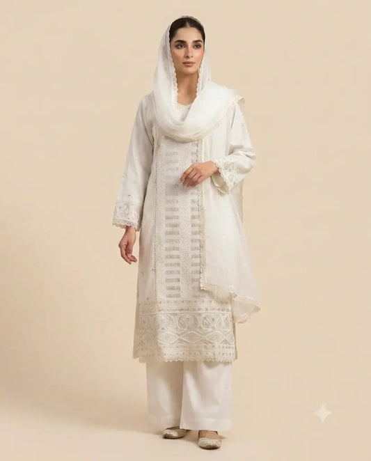 Pure Off-White Khaadi Net 3-Piece Stitched Festive Collection Ayesha Fashion Boutique
