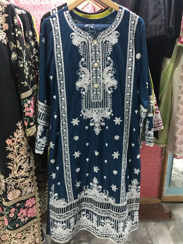 Navy blue embroidered long kurta with white embroidery for women