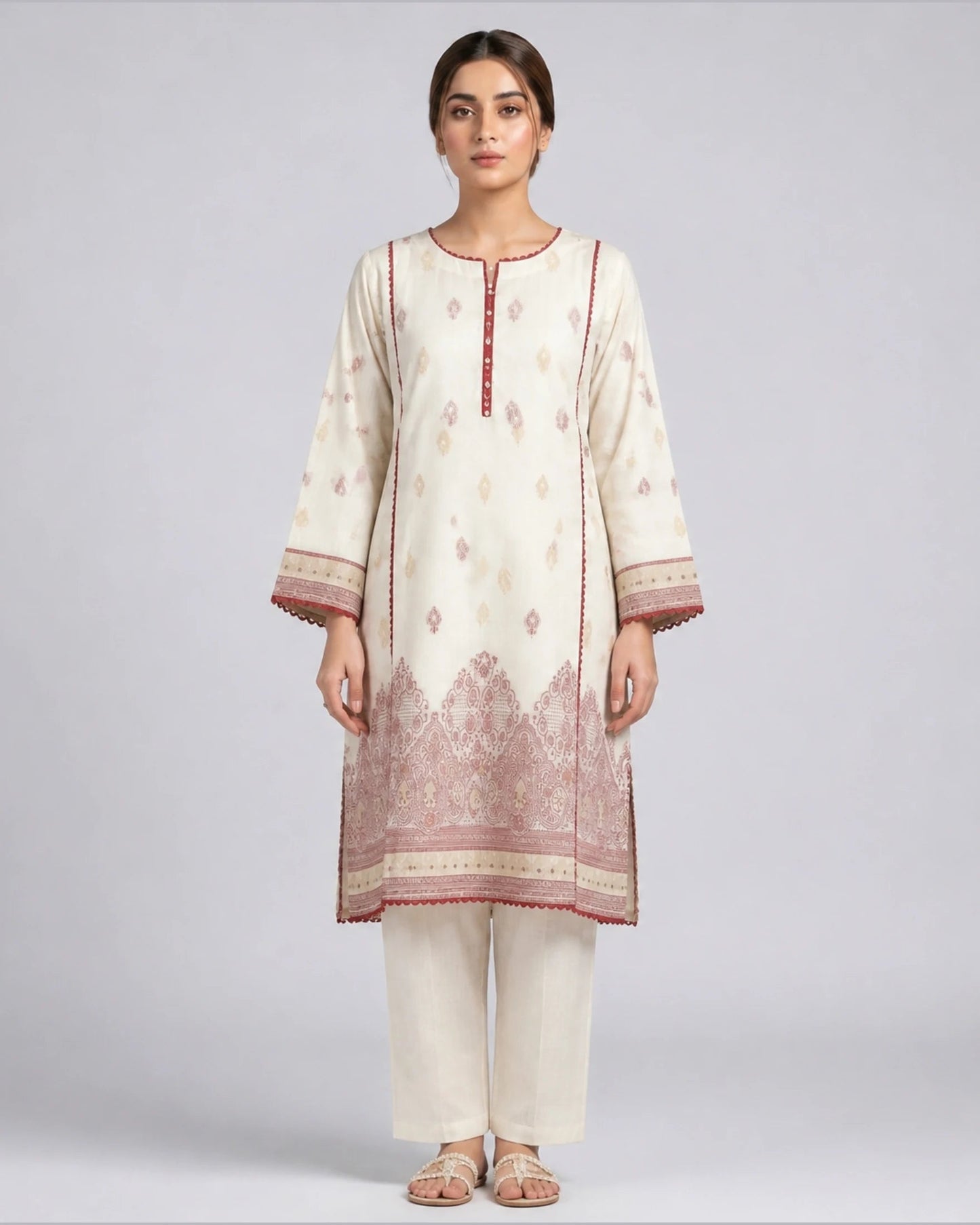 Elegant Cream Woven Jacquard 2 Piece Stitched Suit – Shirt & Trouser Ayesha Fashion Boutique