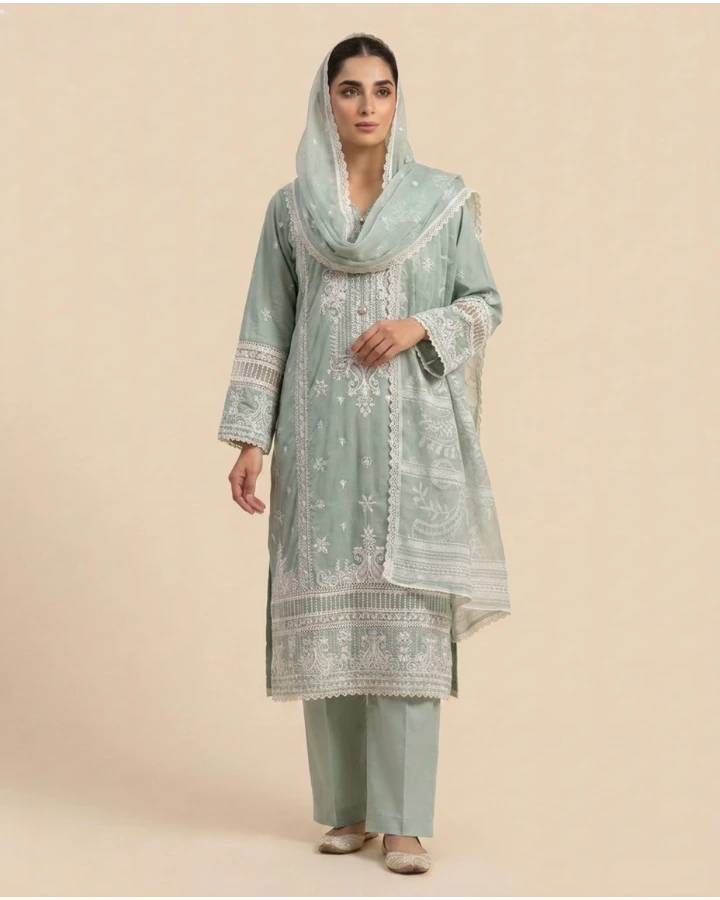 Light green embroidered 3 piece stitched cotton lawn suit with dupatta