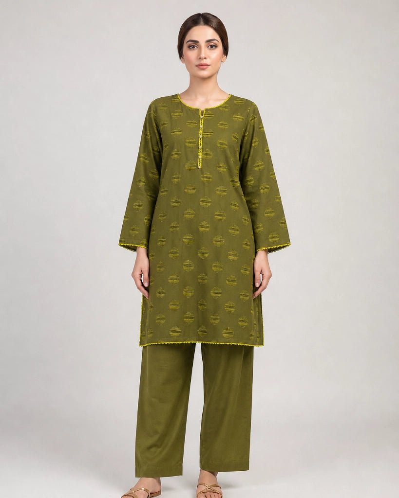 Women Olive Green Jacquard Stitched 2-Piece Suit – Standard Size | Free Delivery Ayesha Fashion Boutique