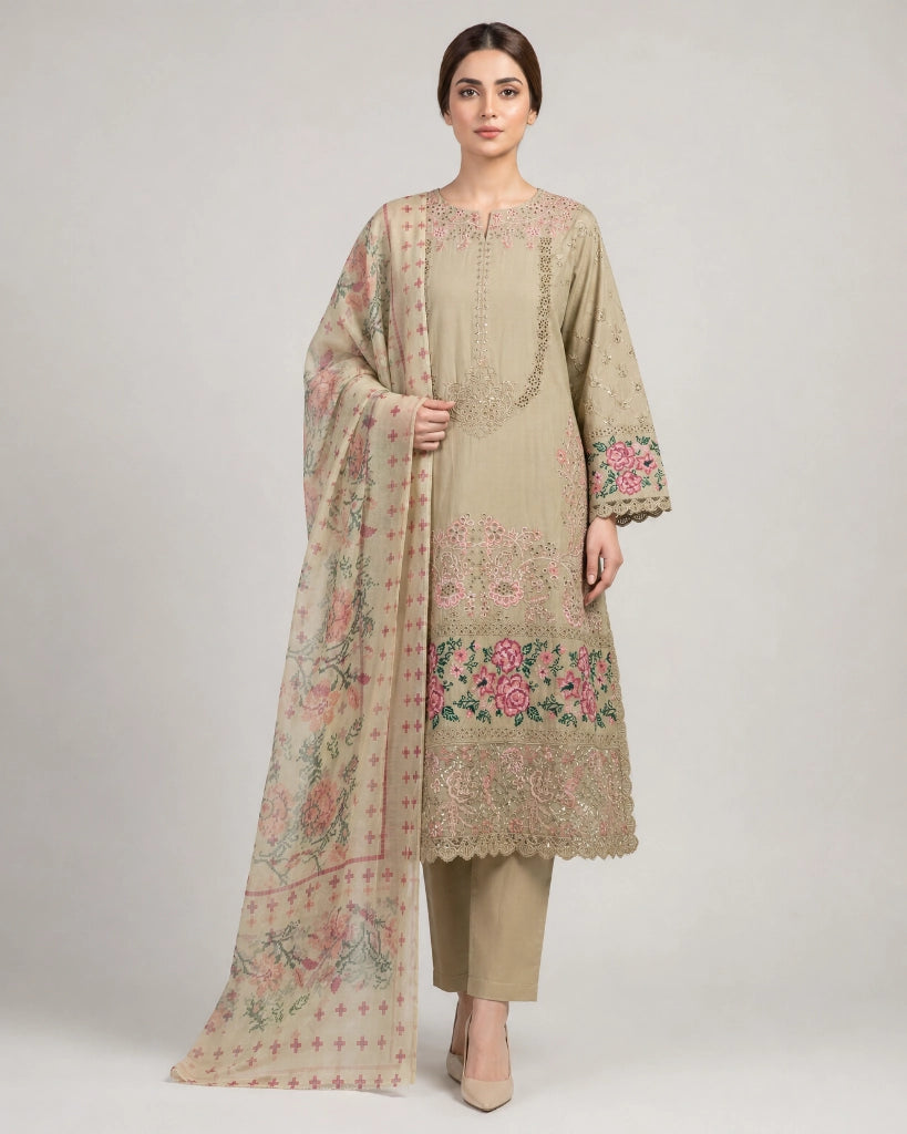 Floral Embroidered Cotton Lawn 3-Piece Stitched Suit with Printed Dupatta Ayesha Fashion Boutique