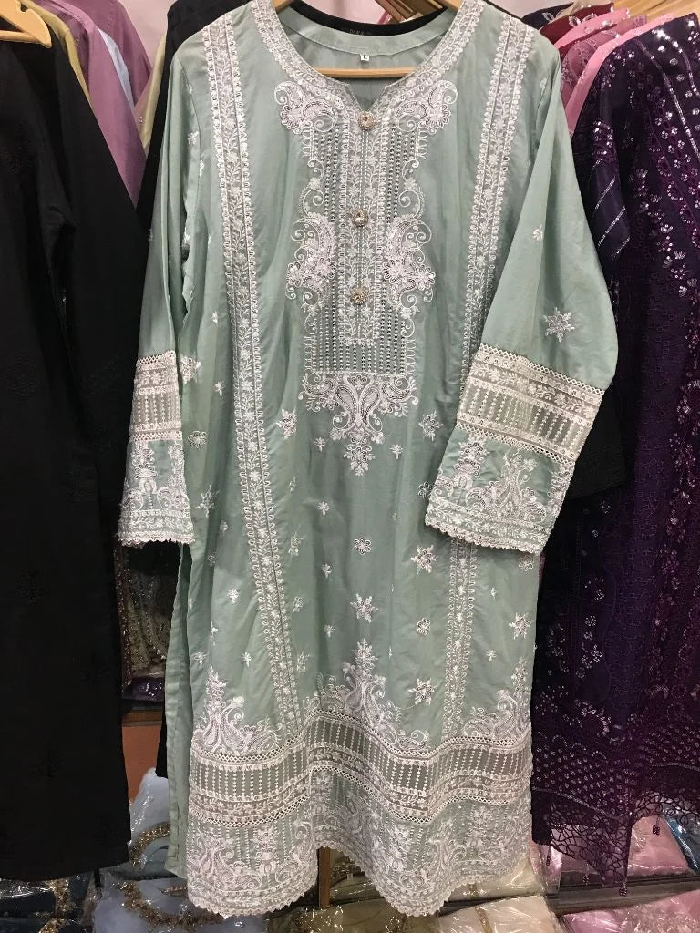 Mint green embroidered stitched cotton lawn kurta shirt front view with lace work.