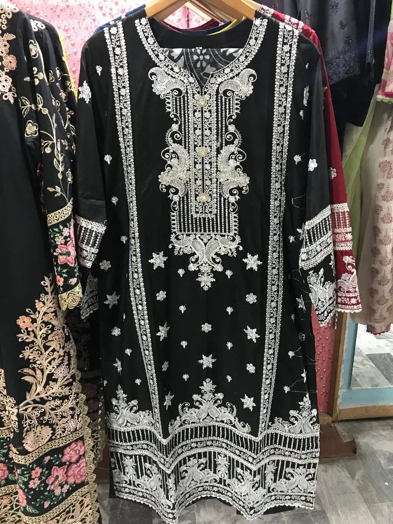 Navy blue embroidered 3 piece stitched suit with white embroidery for women