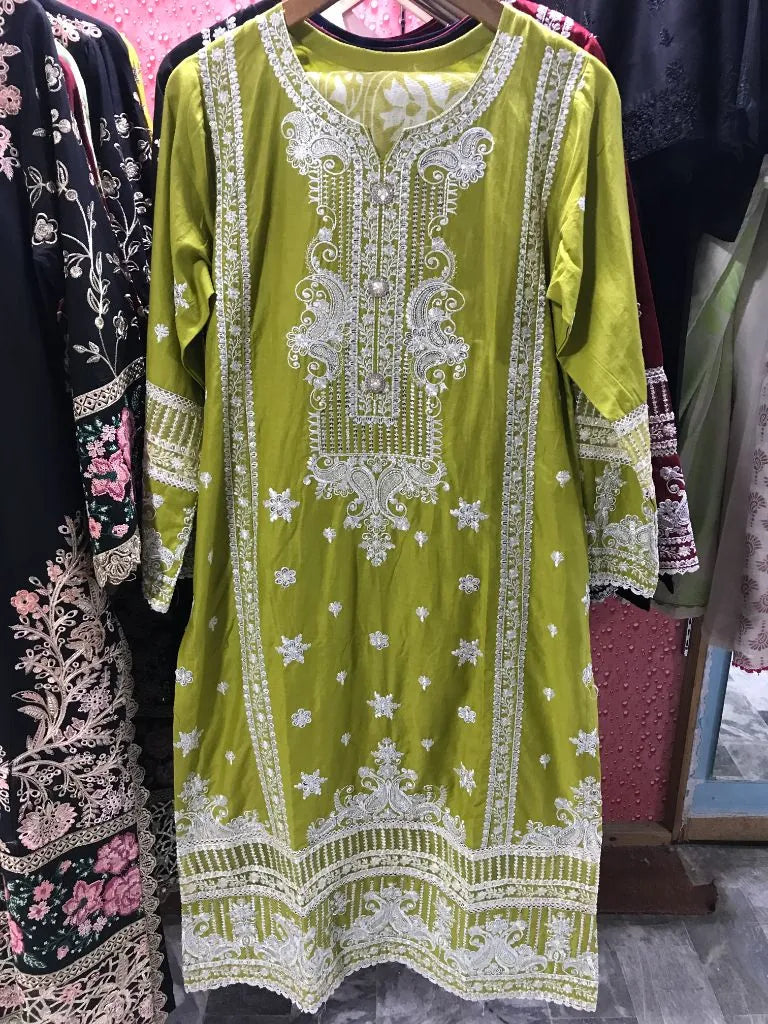 Olive green embroidered 3 piece stitched lawn suit with matching dupatta and trousers