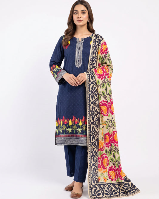 Stitched 3-Piece Printed Linen Suit with Embroidered Neckline – Floral Dupatta