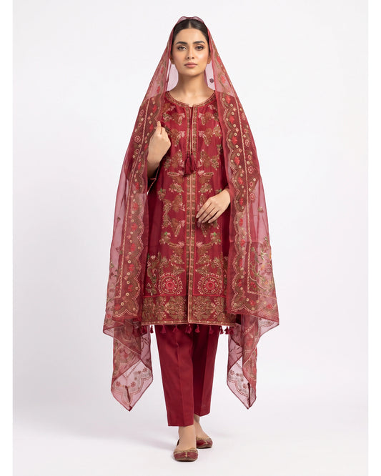 Women's Stitched 3-Piece Heavy Embroidered Cotton Lawn Suit with Organza/Net Dupatta