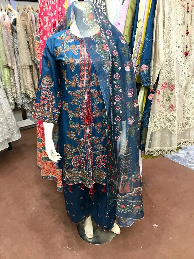 Women's Stitched 3-Piece Heavy Embroidered Cotton Lawn Suit with Organza/Net Dupatta