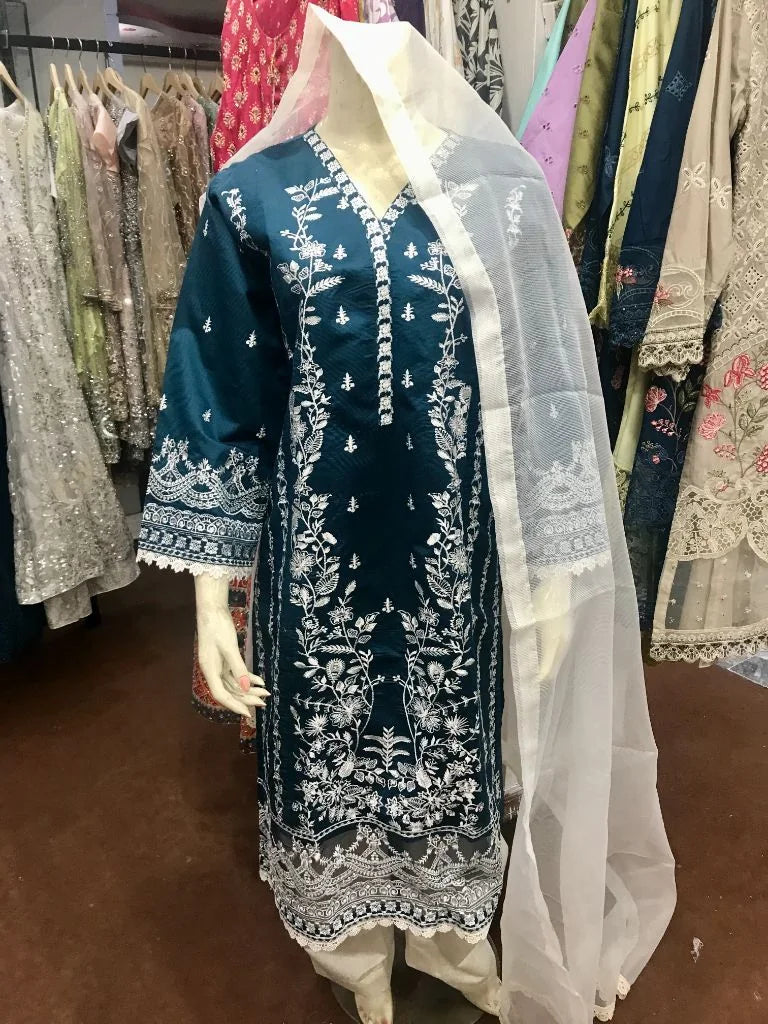 Elegant Teal Blue Embroidered Cotton Lawn 3-Piece Stitched Suit