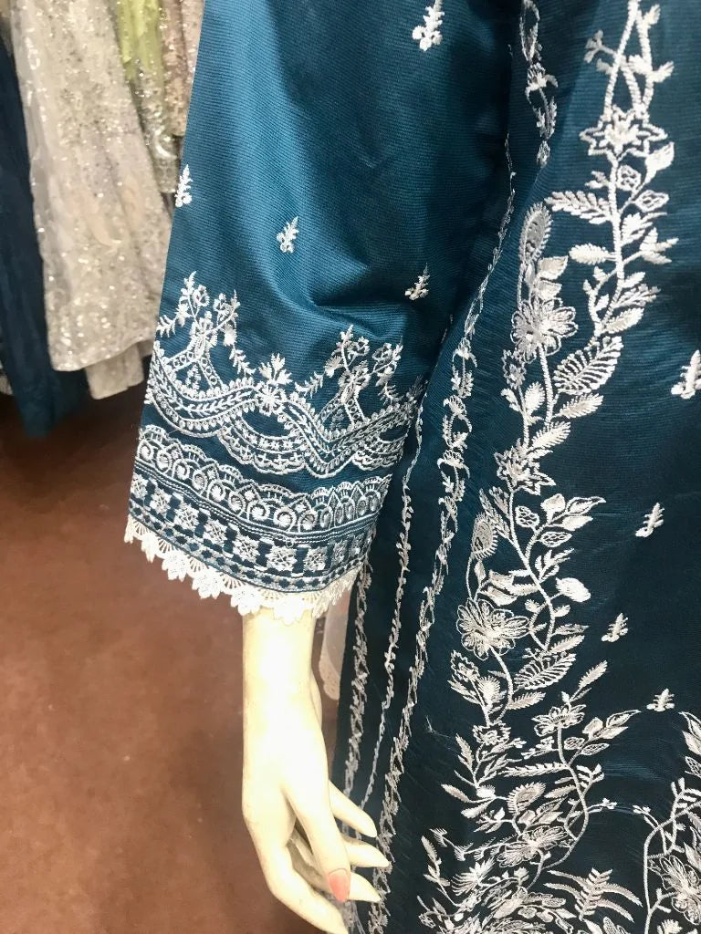 Elegant Teal Blue Embroidered Cotton Lawn 3-Piece Stitched Suit