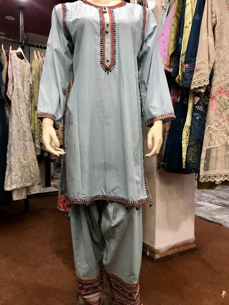 Stitched 2-Piece Cotton Lawn Suit with Farshi Shalwar