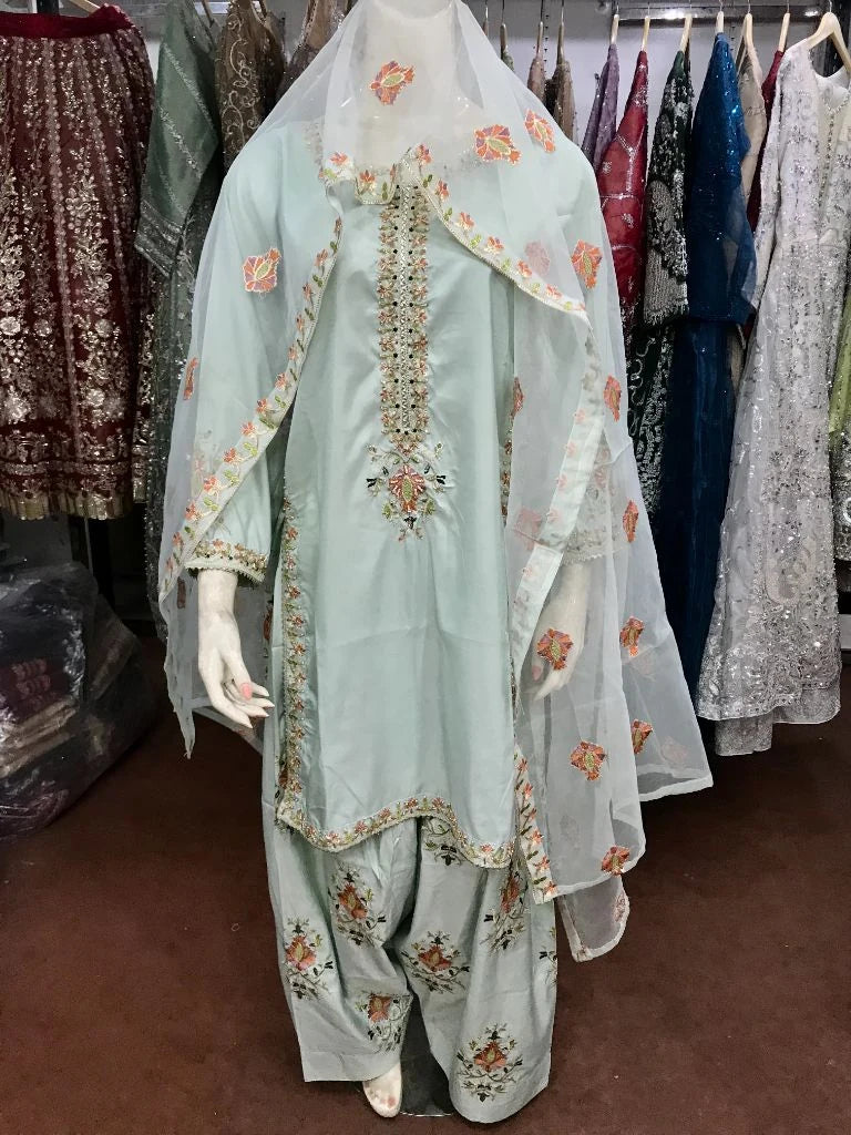 Stitched 3-Piece Embroidered Katan Silk Suit