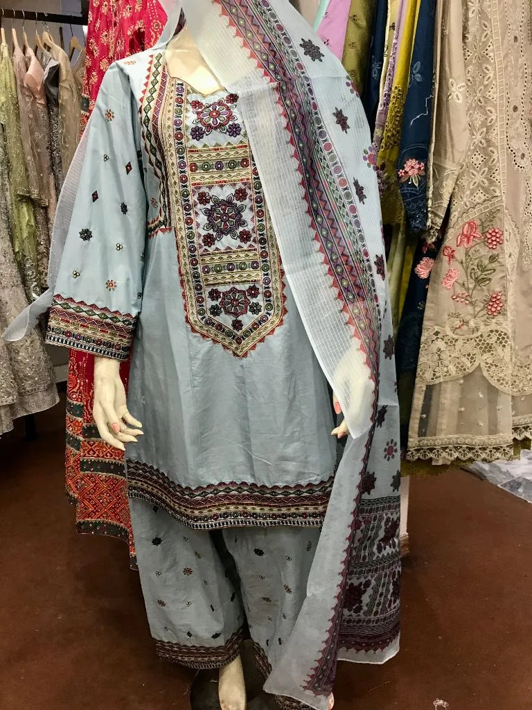 Women's Stitched 3-Piece Printed Cotton Lawn Suit with Matching Dupatta & Shalwar