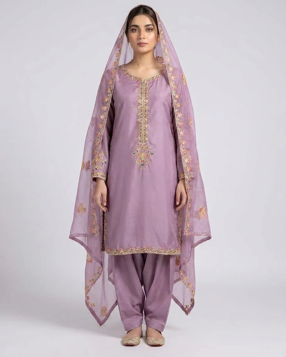 Stitched 3-Piece Embroidered Katan Silk Suit