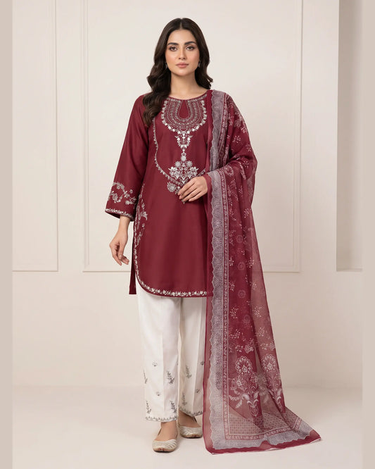 Women's Stitched 3-Piece Embroidered Cotton Lawn Suit with Farshi Shalwar