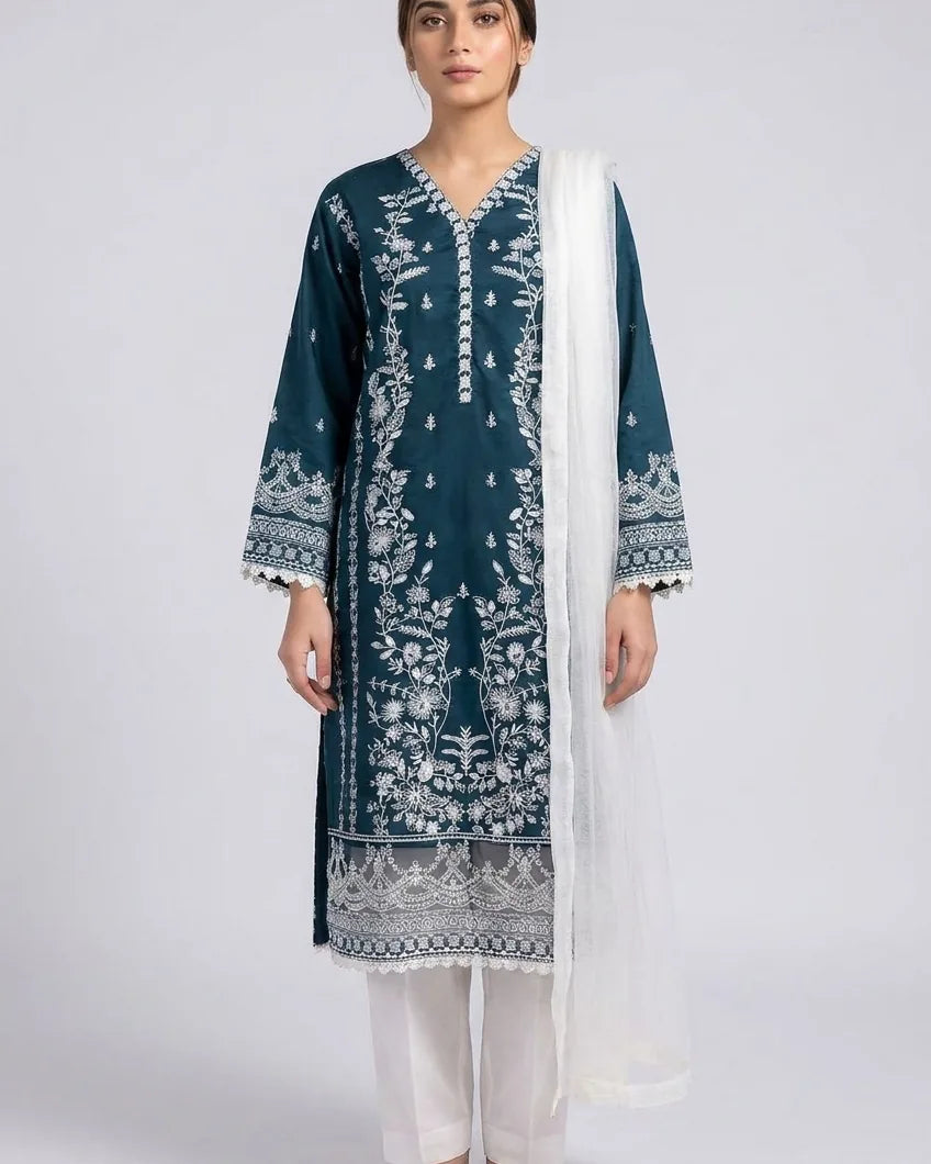 Elegant Teal Blue Embroidered Cotton Lawn 3-Piece Stitched Suit
